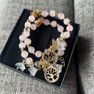 2pc Elegant Pink and Gold Glass Bead Charm Bracelets